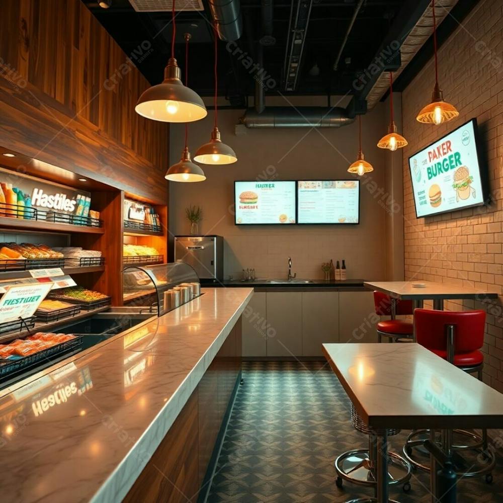 Professional Fine Art Photograph, Warm Earth Tones, Soft Cinematic Haze, Slightly Dark And Soft Lighting. A Stylish Modern Burger Restaurant Interior Polished Wood And Glossy Marble Diner Counter, Co