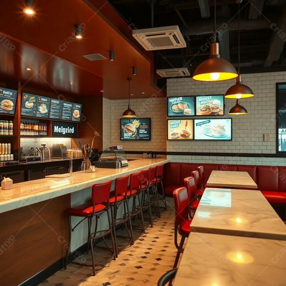 Professional Fine Art Photograph, Warm Earth Tones, Soft Cinematic Haze, Slightly Dark, Soft Focus. A Stylish Modern Burger Restaurant Interior Polished Wood And Glossy Marble Diner Counter, Colorfu