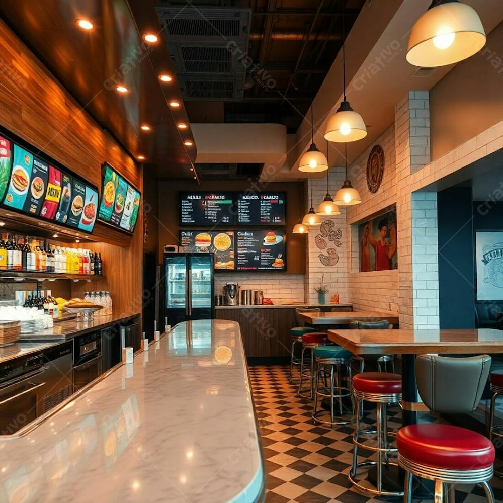 Professional Fine Art Photograph, Warm Earth Tones, Soft Cinematic Haze, Slightly Dark, Soft Focus. A Stylish Modern Burger Restaurant Interior Polished Wood And Glossy Marble Diner Counter, Colo