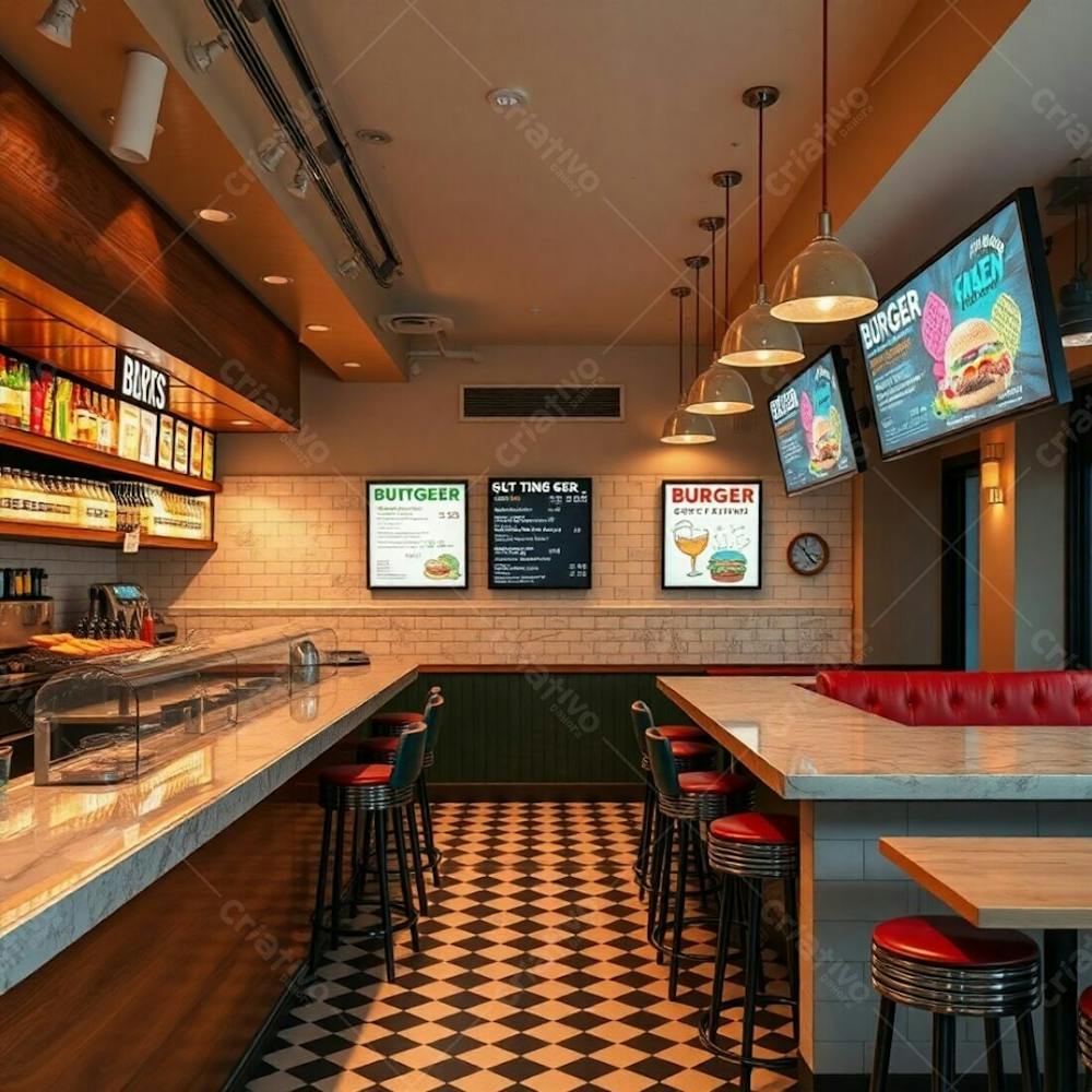 Professional Fine Art Photograph, Warm Earth Tones, Soft Cinematic Haze, Slightly Dark, Soft Focus. A Stylish Modern Burger Restaurant Interior Polished Wood And Glossy Marble Diner Counter, Colo