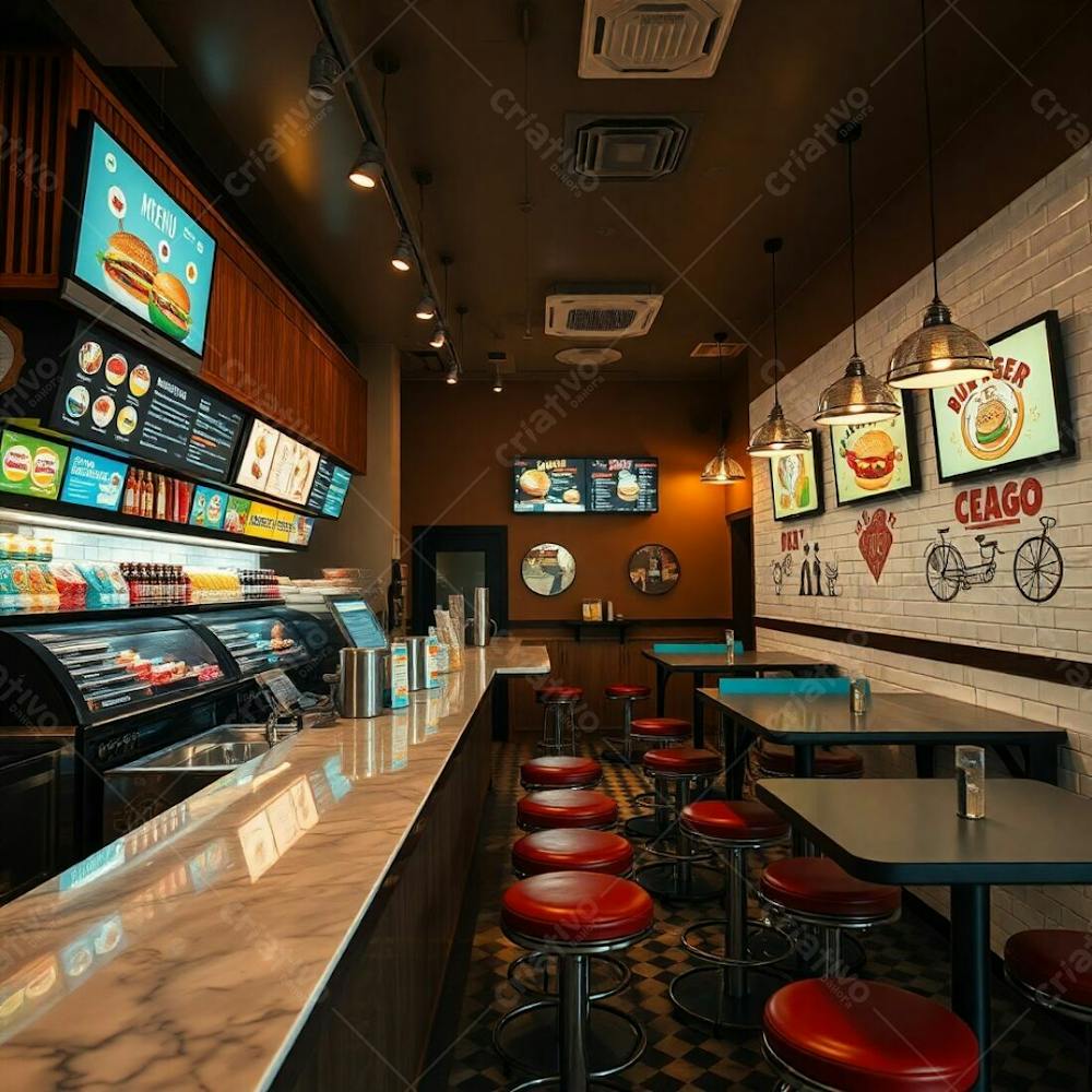 Professional Fine Art Photograph, Warm Earth Tones, Soft Cinematic Haze, Slightly Dark, Soft Focus. A Stylish Modern Burger Restaurant Interior Polished Wood And Glossy Marble Diner Counter, Colo