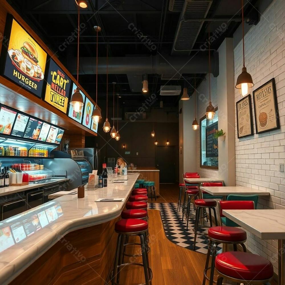 Professional Fine Art Photograph, Warm Earth Tones, Soft Cinematic Haze, Slightly Dark, Soft Focus. A Stylish Modern Burger Restaurant Interior Polished Wood And Glossy Marble Diner Counter, Colo