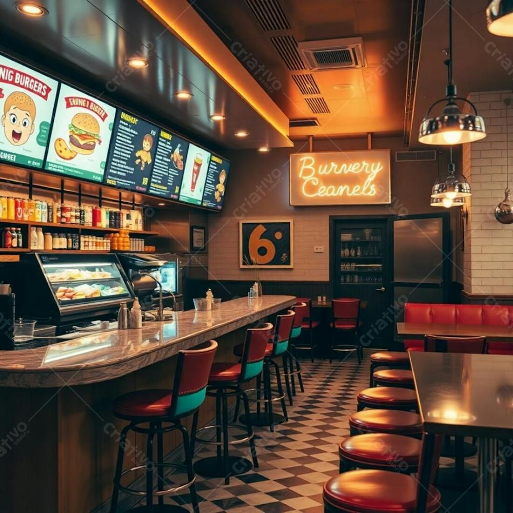 Professional Fine Art Photograph, Warm Earth Tones, Soft Cinematic Haze, Slightly Dark, Soft Focus. A Stylish Modern Burger Restaurant Interior Polished Wood And Glossy Marble Diner Counter, Colo