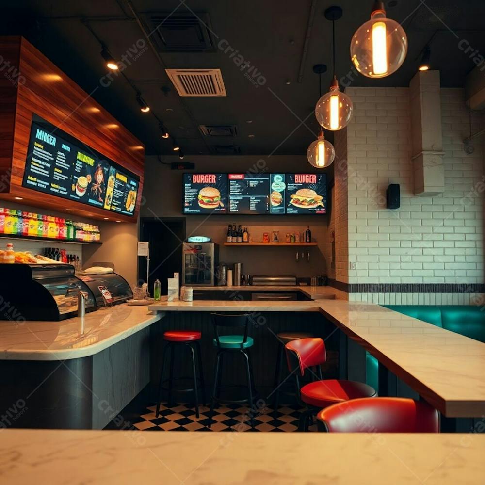 Professional Fine Art Photograph, Warm Earth Tones, Soft Cinematic Haze, Slightly Dark, Soft Focus. A Stylish Modern Burger Restaurant Interior Polished Wood And Glossy Marble Diner Counter, Colo