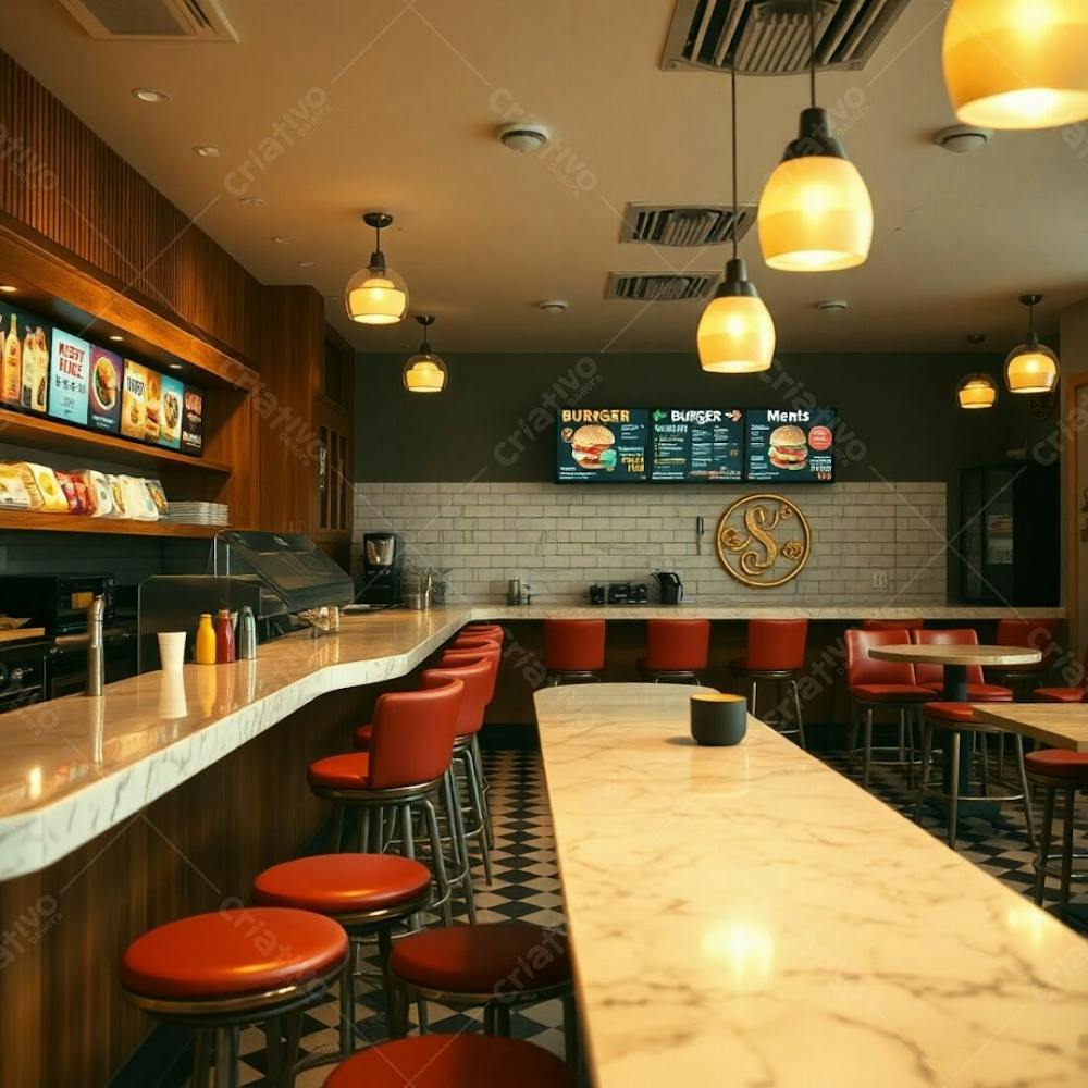 Professional Fine Art Photograph, Warm Earth Tones, Soft Cinematic Haze, Slightly Dark, Soft Focus. A Stylish Modern Burger Restaurant Interior Polished Wood And Glossy Marble Diner Counter, Colorful