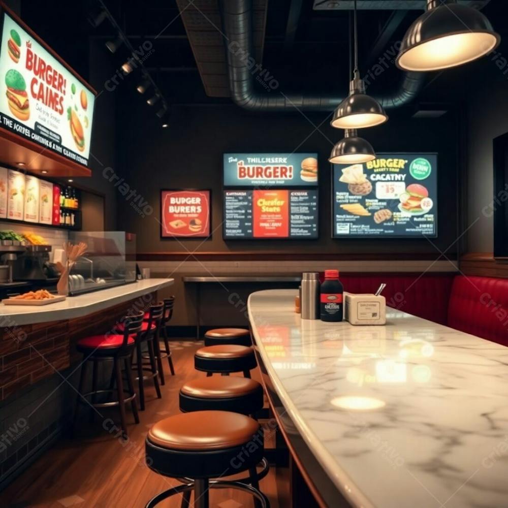 Professional Photo A Stylish Burger Joint Interior, Soft Cinematic Haze, Warm And Slightly Dark Lighting, Polished Wood And Marble Diner Counter, Colorful Ingredients Neatly Displayed, Bold Text And