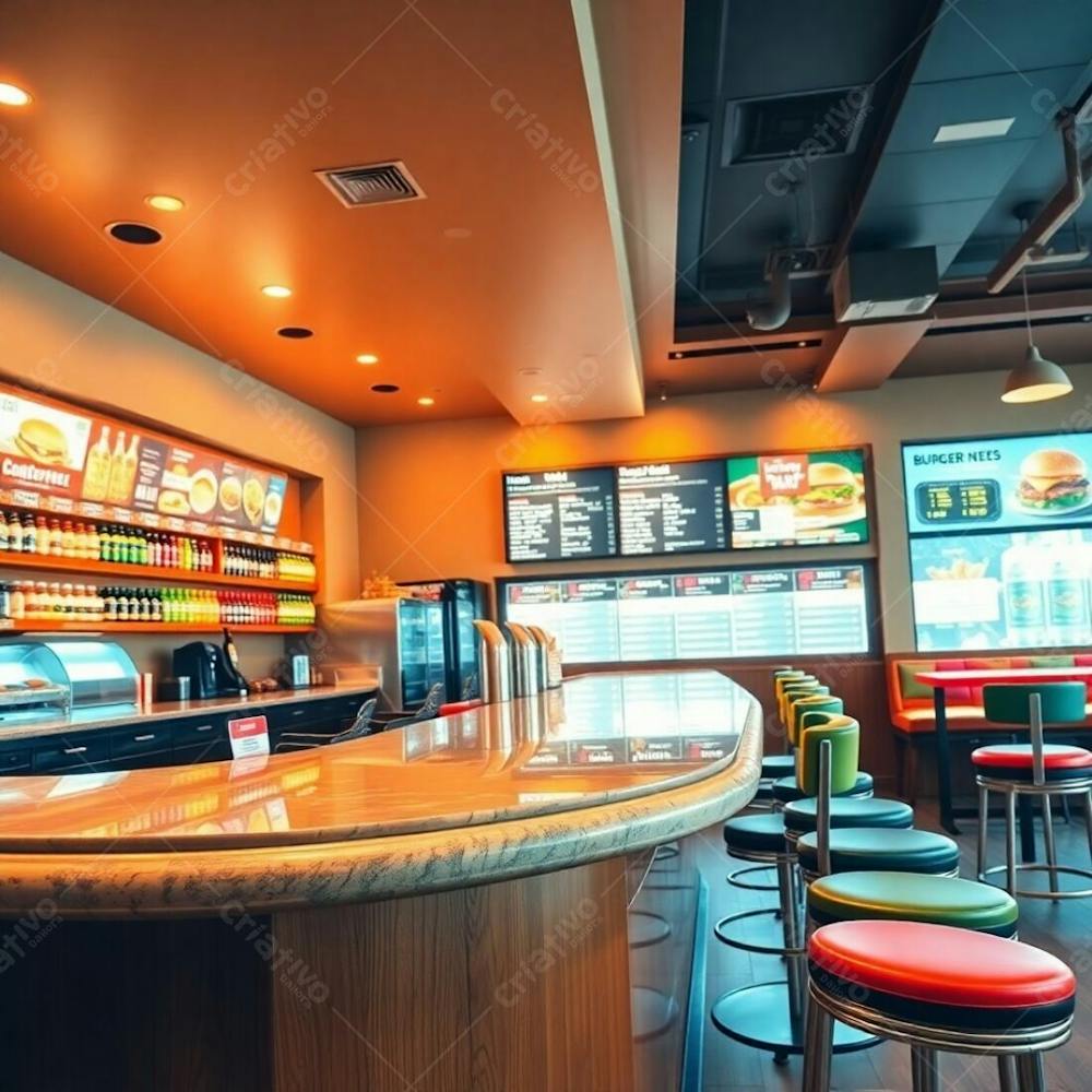 Professional Photograph A Modern Burger Restaurant Interior. The Main Focus Is The Diner Counter, With A Polished Wood Base And Glossy Marble Top. Bright, Colorful Shelves Display Ingredients. Gl