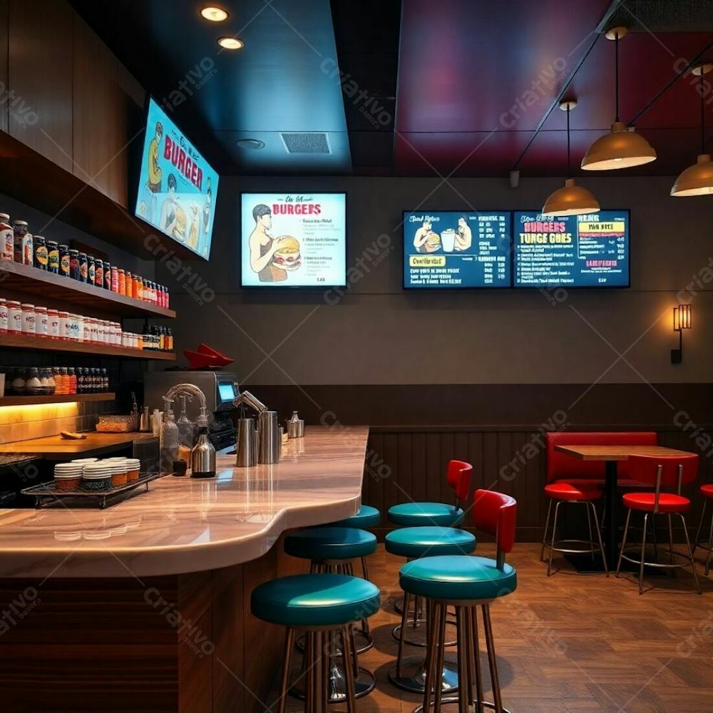 Professional Photograph A Modern Burger Restaurant Interior, Showcasing A Polished Wood And Marble Diner Counter. Neatly Arranged Shelves With Vibrant Jars And Condiments. Glowing Digital Menu Boar