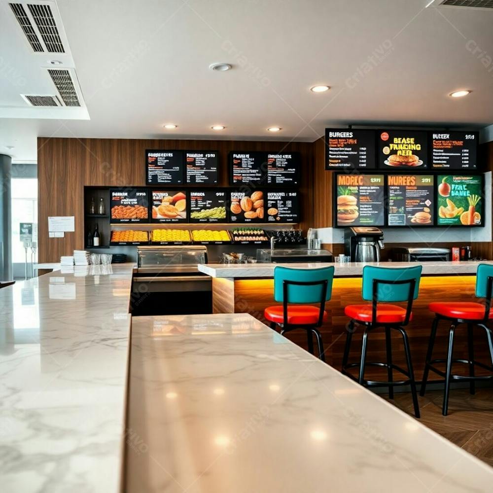 Professional Photograph Of A Modern Burger Restaurant&#39;S Diner Counter. Glossy Marble Countertop On A Polished Wood Base, Vibrant Ingredient Displays On Shelves. Dynamic Menu Boards With Bold Text,