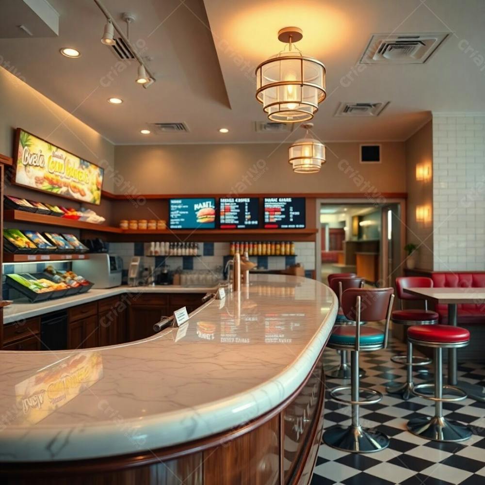 Professional Photograph Of A Stylish Burger Restaurant Interior A Diner Counter With Polished Wood Base And Glossy Marble Top, Earth Tones, Soft Cinematic Haze, Warm Lighting, Vibrant Ingredients Dis