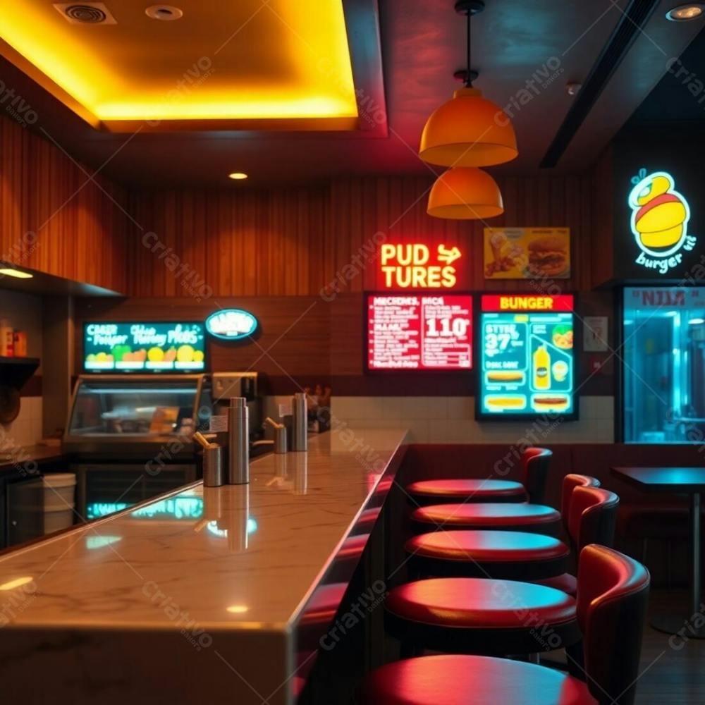 Professional Photograph, Fine Art Style, Warm And Soft Lighting, Slight Darkness. Soft Cinematic Haze, Natural Earth Tones. A Stylish Modern Burger Restaurant, Diner Counter View. Polished Wood, Glos