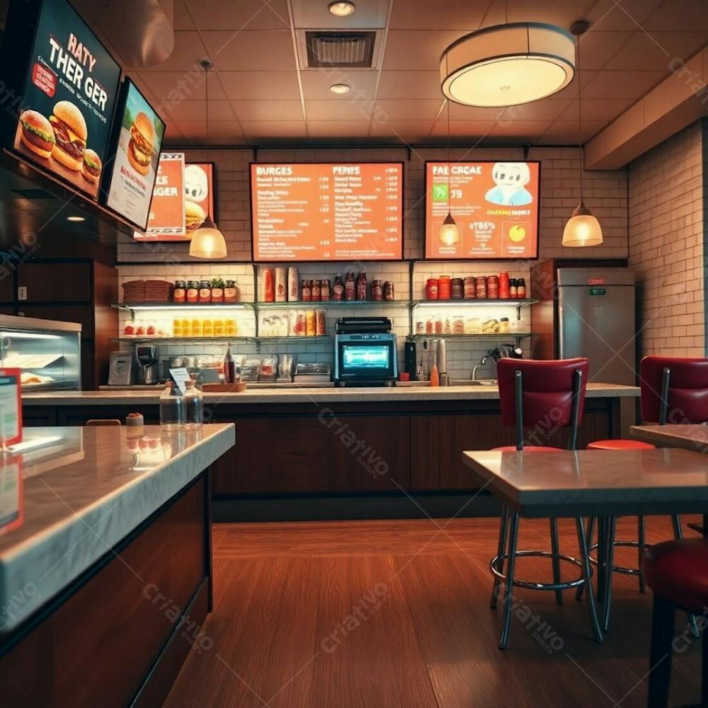 Professional Photograph, Fine Art Style, Warm Earth Tones, Soft Cinematic Haze. A Modern Burger Restaurant Diner Counter Polished Wood Base, Glossy Marble Top. Colorful Ingredients Displayed On Shel