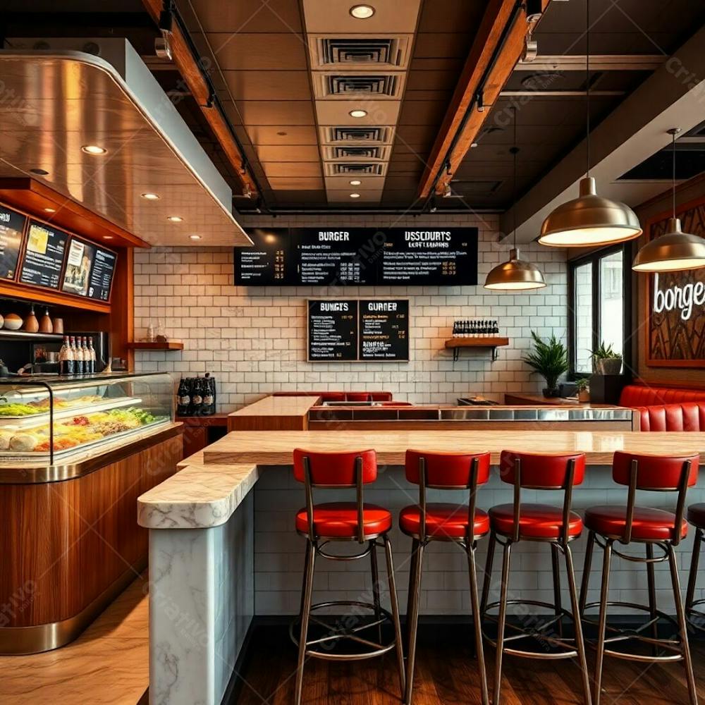 Professional Photograph, Soft Cinematic Haze, Natural Earth Tones. Stylish Burger Restaurant Interior Focusing On Diner Counter Polished Wood And Marble, Vibrant Ingredient Display. Bold Text Menu