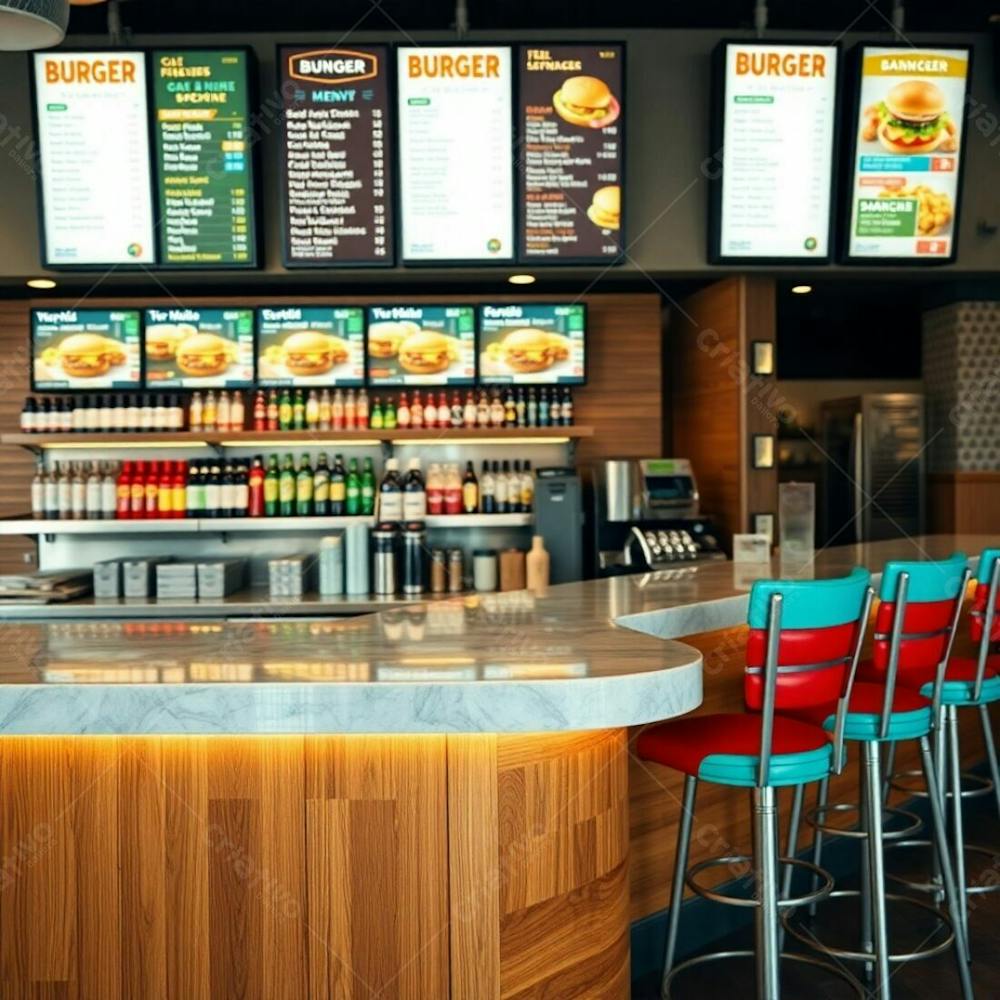 Professional Photography A Modern Diner Counter In A Stylish Burger Restaurant. The Counter Features A Polished Wood Base And A Glossy Marble Top. Shelves Behind It Hold Colorful Condiments And Ing