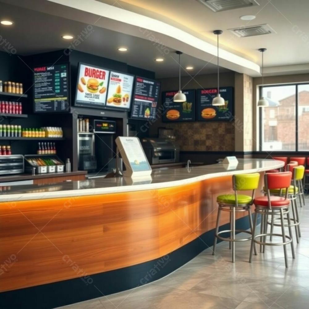 Professional Photography Of A Burger Restaurant&#39;S Interior, Emphasizing A Diner Counter. Polished Wood Base, Glossy Marble Countertop, Shelves With Colorful Ingredients. Digital Menu Boards With Bo