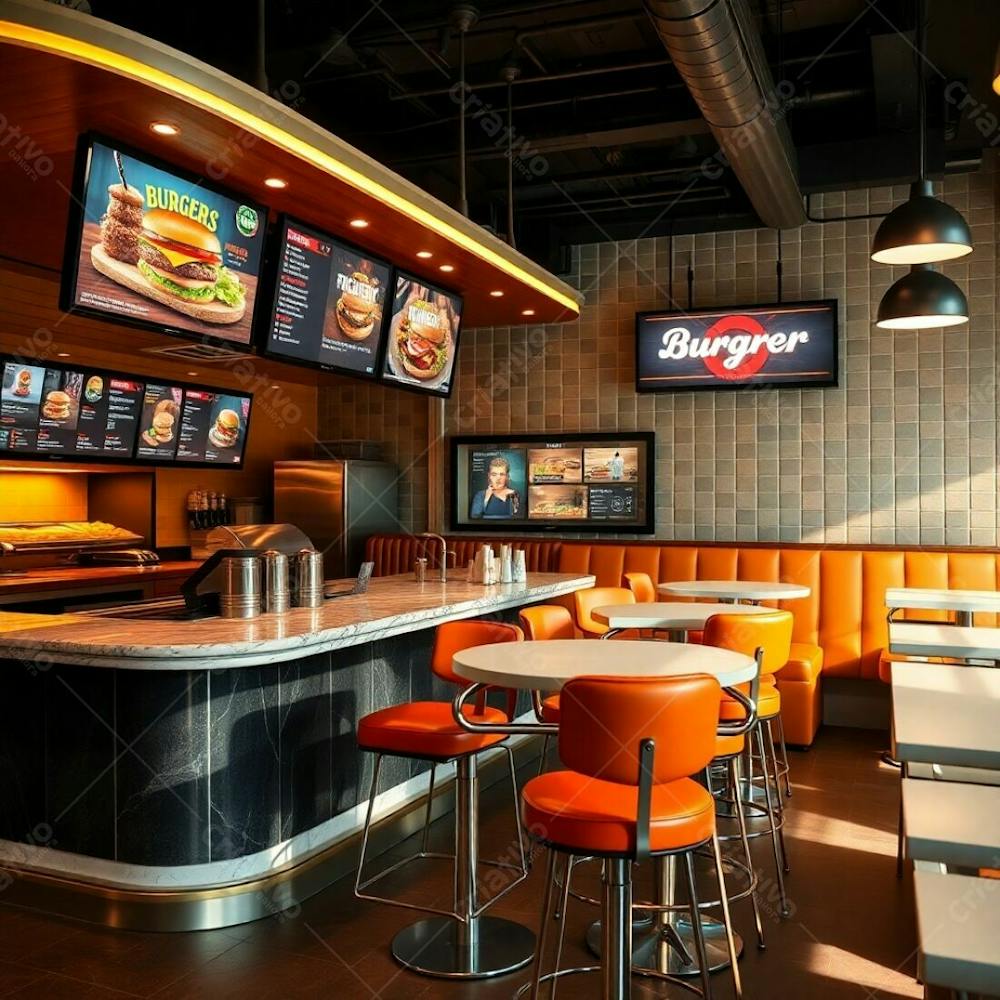 Professional Photography Of A Modern Burger Restaurant Warm And Slightly Dark Lighting, Soft Cinematic Haze, Earth Tones, Polished Wood And Marble Diner Counter, Colorful Ingredient Displays, Dynami