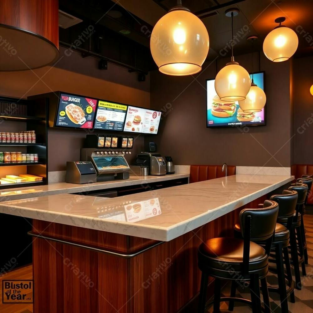 Professional Photography Of A Modern Burger Restaurant&#39;S Diner Counter Glossy Marble Countertop On A Polished Wood Base, Colorful Ingredient Shelves, Glowing Digital Menu Boards With Dynamic Illustra