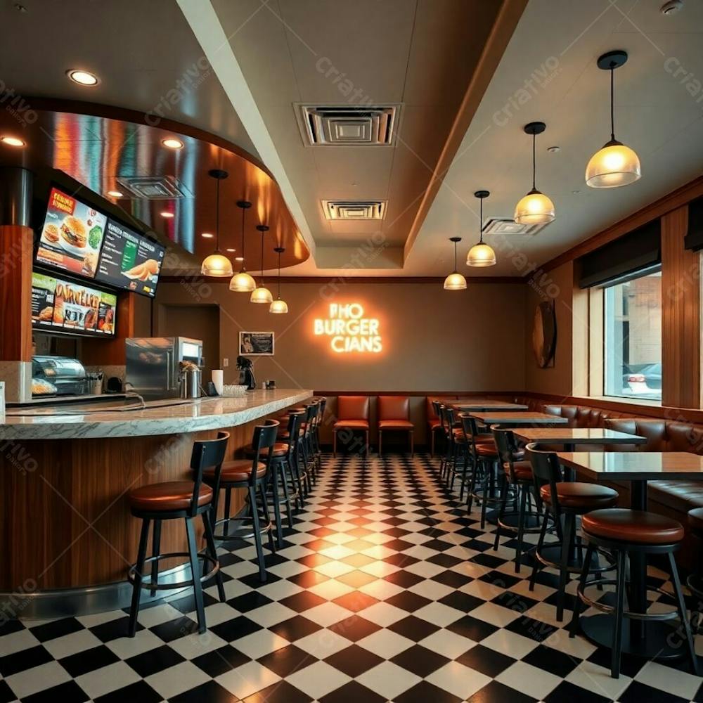 Professional Photography Showcasing A Modern Burger Restaurant&#39;S Diner Counter Polished Wood And Marble, Colorful Ingredient Displays, Glowing Digital Menu Boards, High Stools With Padded Leather Se