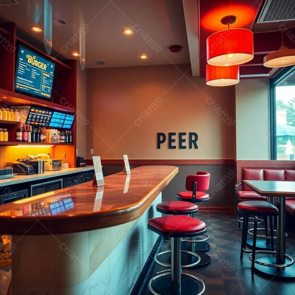 Professional Photography Warm, Soft Light, Cinematic Haze, Stylish Burger Restaurant, Diner Counter With Polished Wood And Marble, Colorful Shelving, Digital Menu Boards, High Stools With Bold Colore