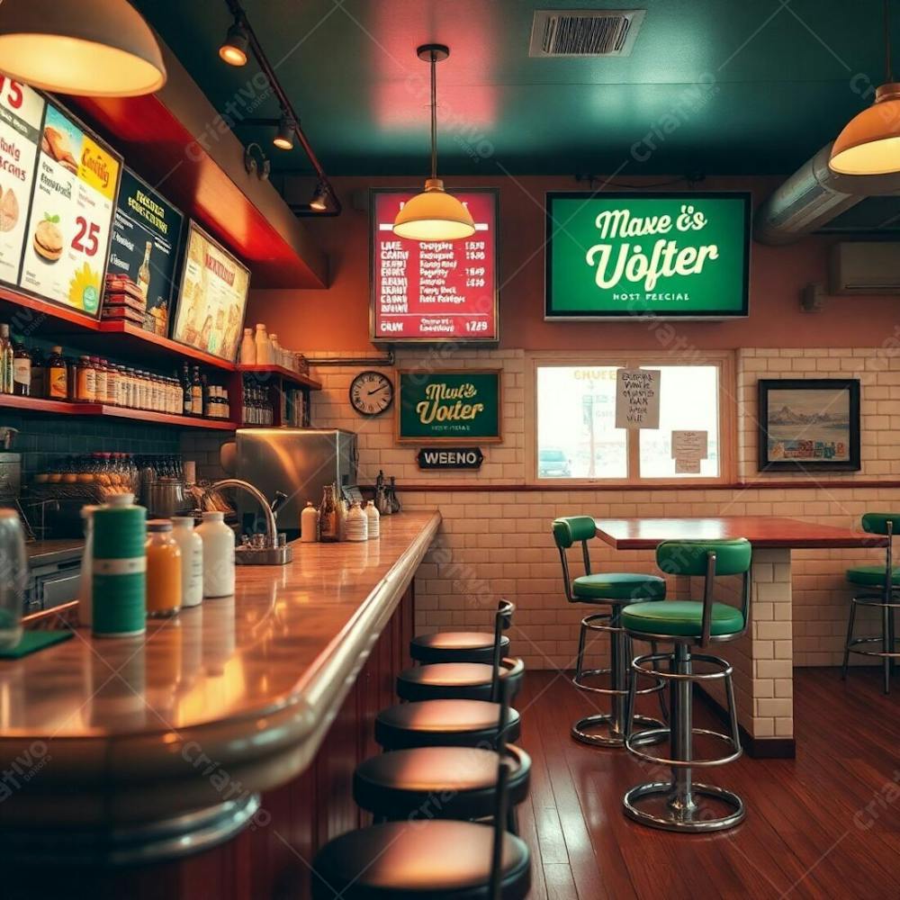 Professional Photography, Editorial Style, Photo Of The Year Quality Diner Counter Interior, Warm Lighting, Soft Cinematic Haze, Natural Earth Tones, Polished Wood And Marble Counter, Colorful Ingred