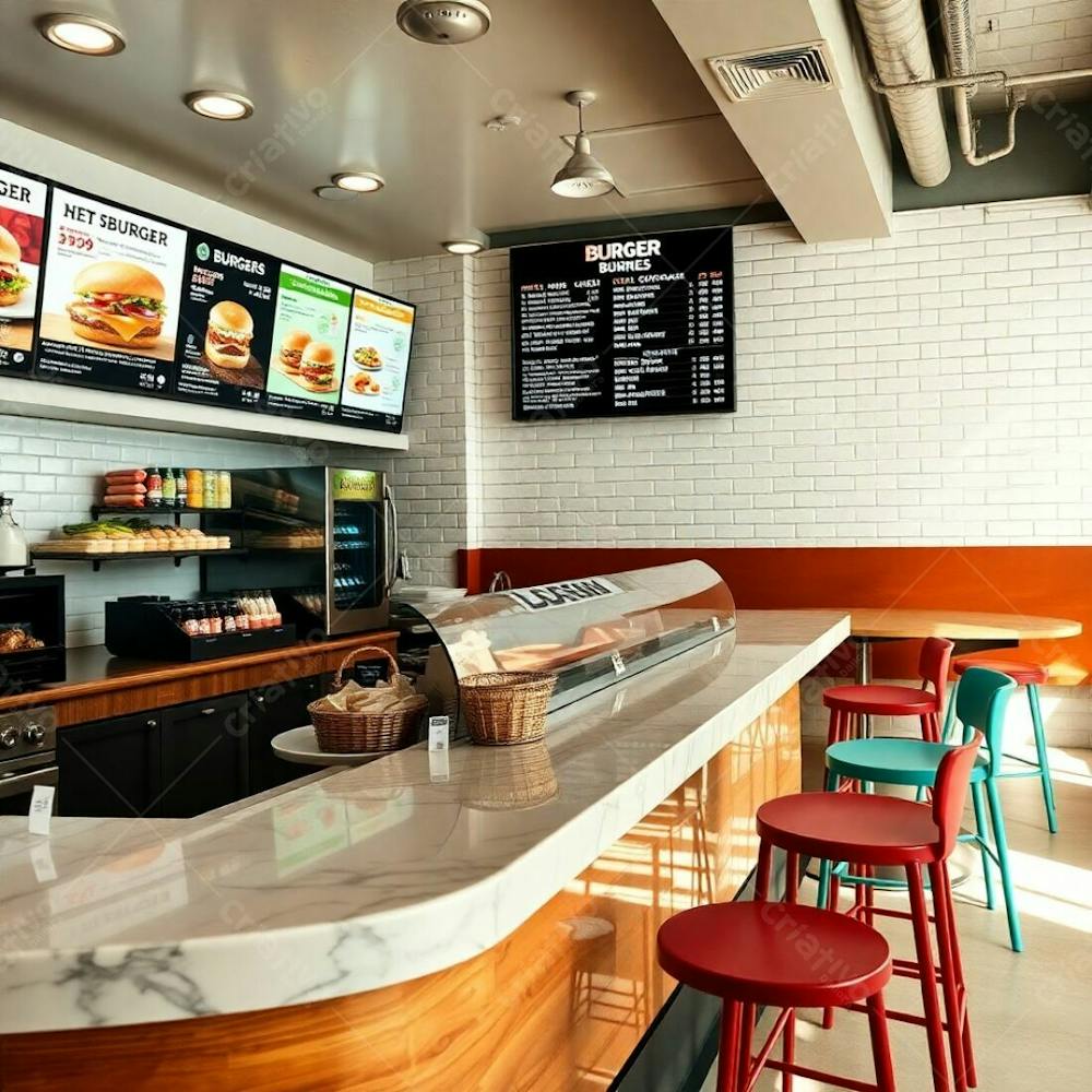 Professional Photography, Fine Art Style, Soft Cinematic Haze, Natural Earth Tones, Depicting A Modern Burger Restaurant Elegant Diner Counter With Marble And Wood, Colorful Ingredient And Condiment