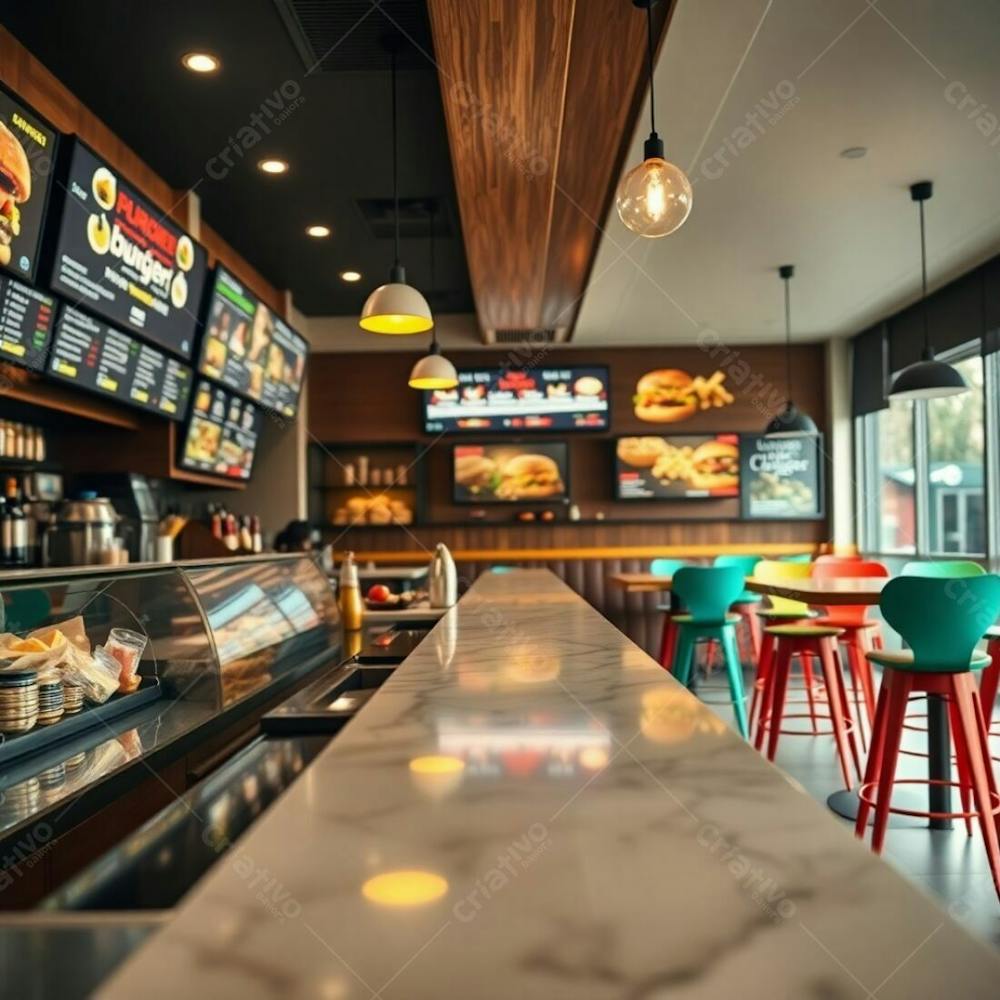 Professional Photography, Fine Art Style, Soft Cinematic Haze, Natural Earth Tones. Modern Burger Restaurant Interior Polished Wood And Marble Counter, Colorful Ingredient And Condiment Displays, Bri