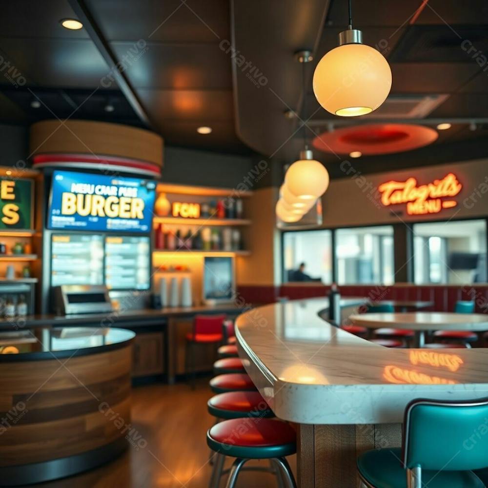 Professional Photography, Fine Art Style, Warm And Slightly Dark Tones. Soft Cinematic Haze, Natural Earth Tones. Modern Burger Restaurant Interior, Focusing On The Diner Counter. Polished Wood Base