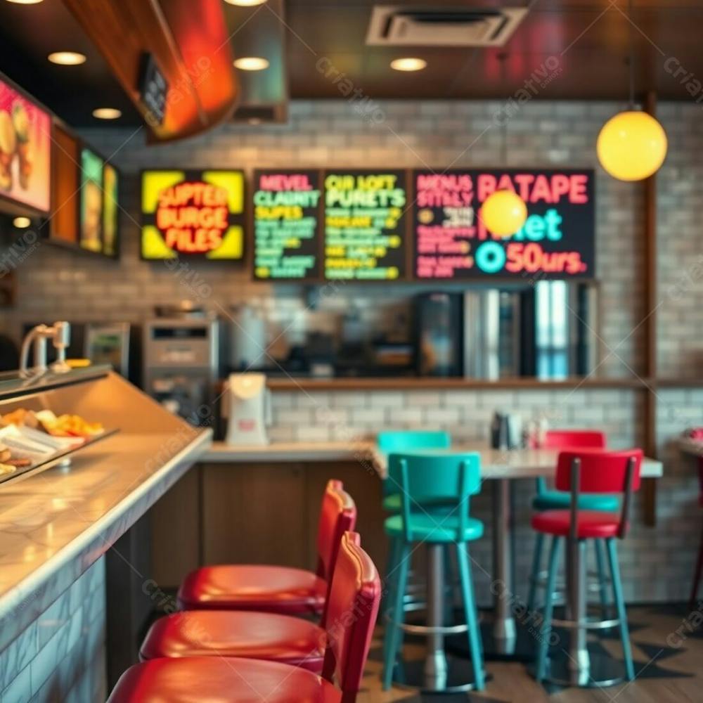 Professional Photography, Fine Art Style, Warm Earth Tones, Soft Cinematic Haze. A Modern Burger Restaurant Interior Polished Wood And Marble Diner Counter, Colorful Ingredient Displays, Vibrant Men