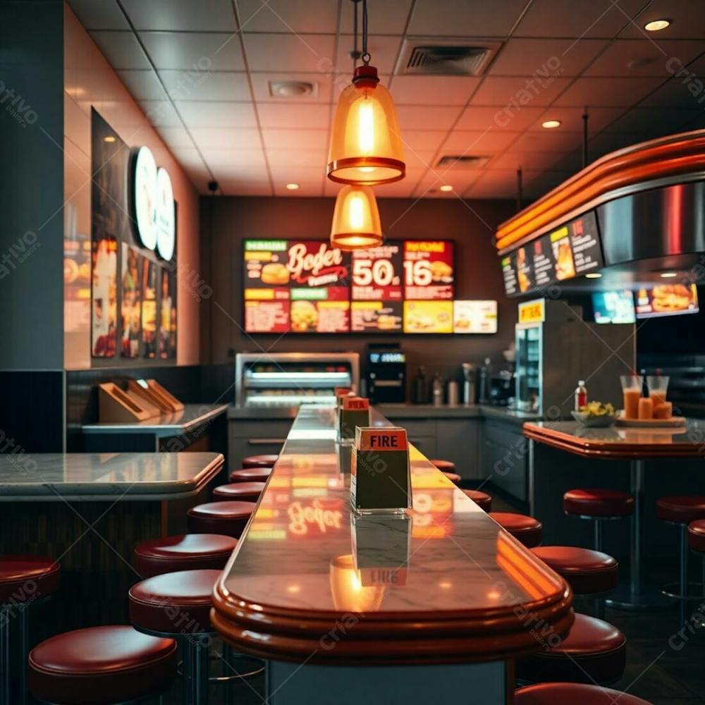 Professional Photography, Fine Art Style, Warm, Slightly Dark, Soft Lighting. Soft Cinematic Haze, Natural Earth Tone Palette. Modern Burger Joint, Focus On Diner Counter. Polished Wood Base, Glossy