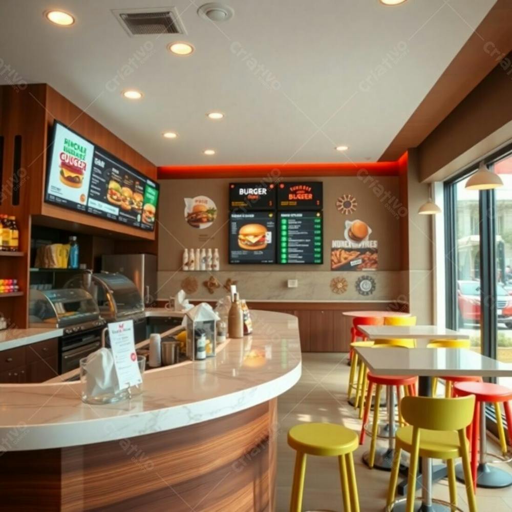 Professional Photography, Soft Cinematic Haze, Natural Earth Tones, Depicting A Stylish Modern Burger Restaurant Interior Elegant Diner Counter With Polished Wood And Marble, Colorful Ingredient And