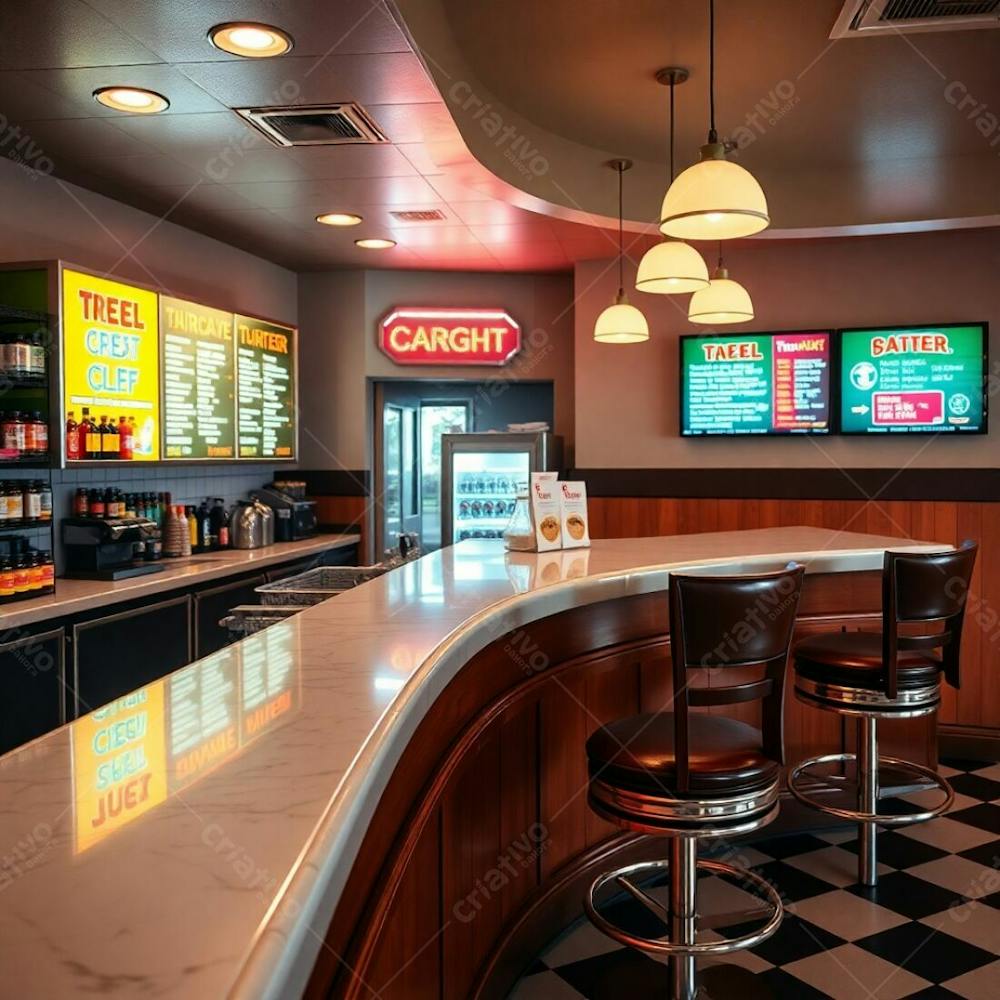 Professional Photography, Soft Cinematic Haze, Natural Earth Tones, Diner Counter Interior Glossy Marble Countertop, Polished Wood Base, Colorful Condiments And Jars On Shelves, Glowing Digital Menu