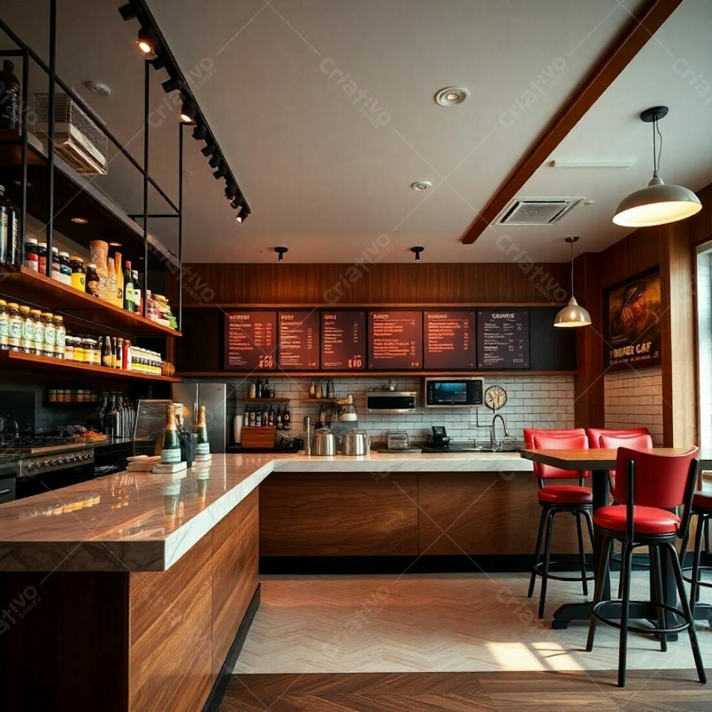 Professional Photography, Warm And Slightly Dark, Soft Cinematic Haze, Earth Tones. Modern Burger Restaurant Interior Polished Wood And Marble Counter, Shelves With Colorful Ingredients And Jars, Br