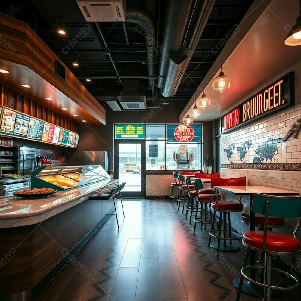 Professional Photography, Warm Slightly Dark Tones, Soft Cinematic Haze, Natural Earth Tones. Modern Burger Restaurant Interior, Focus On Diner Counter Polished Wood And Marble, Colorful Ingredient D