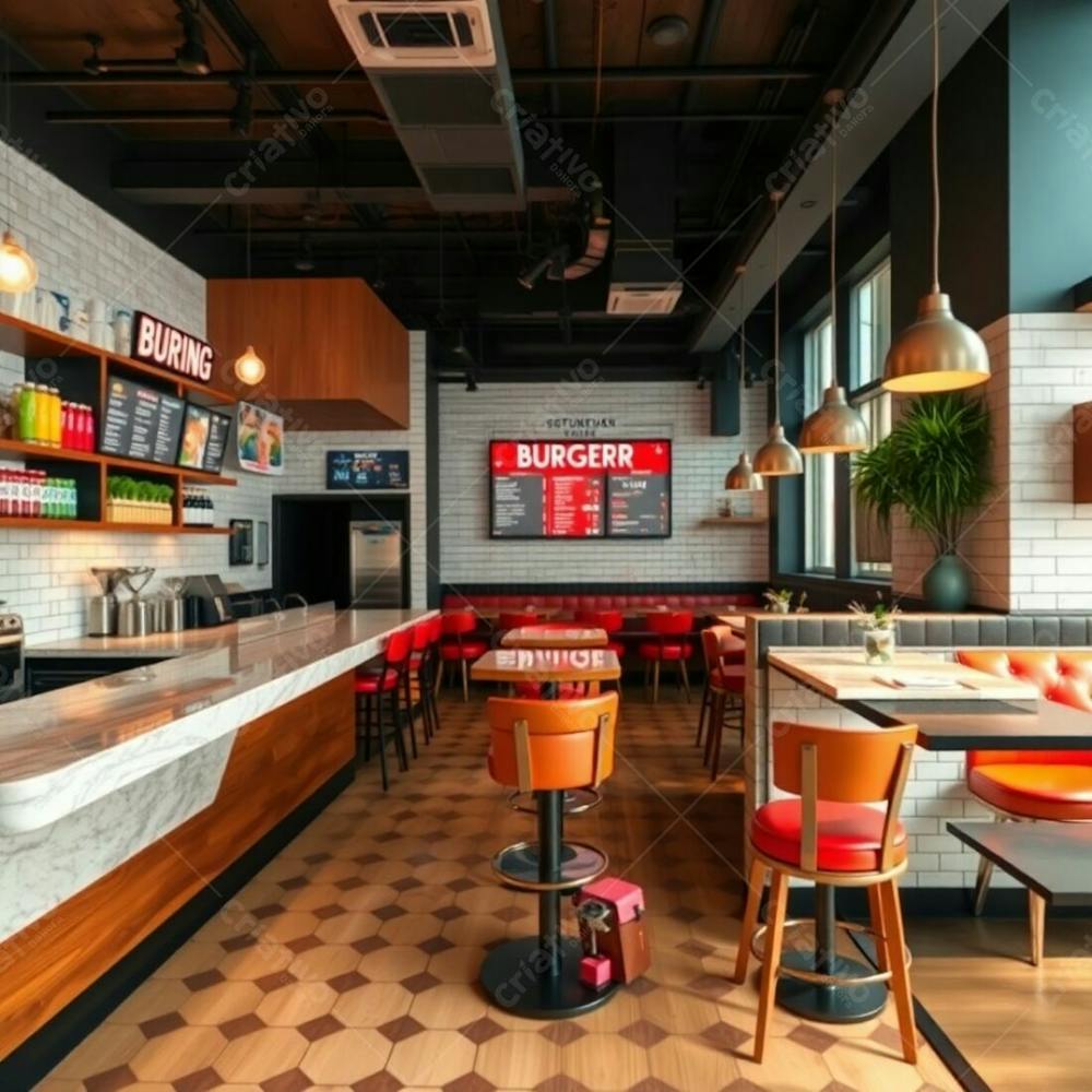 Professional Photography, Warm Slightly Dark Tones, Soft Cinematic Haze, Natural Earth Tones. Stylish Modern Burger Restaurant Interior Glossy Marble And Wood Diner Counter, Colorful Shelves, Digital