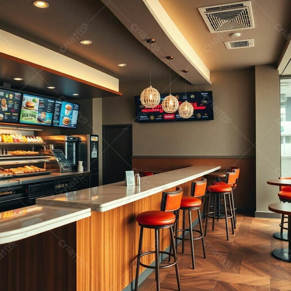 Professional Photography, Warm, Soft, Slightly Dark, Cinematic Haze. Stylish Modern Burger Restaurant Interior A Polished Wood And Marble Diner Counter, Colorful Displays Of Ingredients, Bold Digita