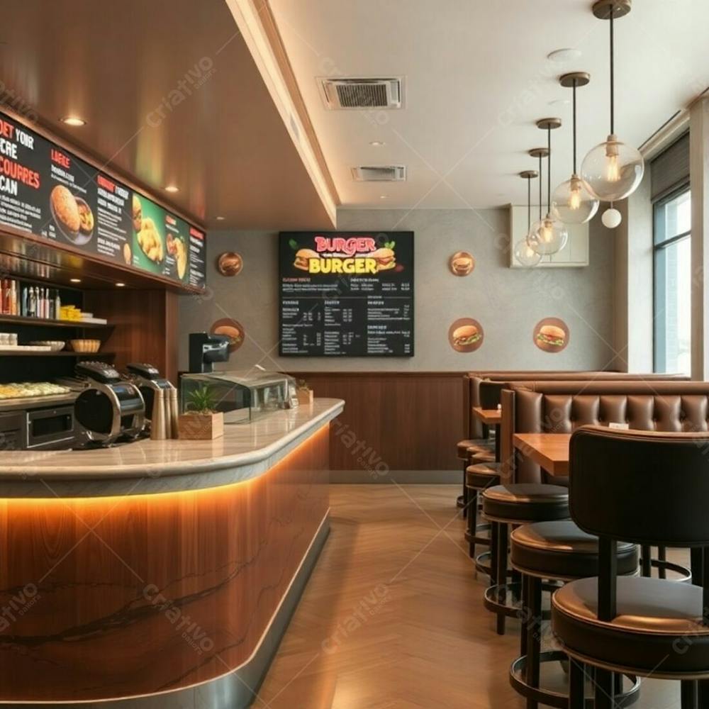 Professional Style Editorial Photography, Aiming For Photo Of The Year, Soft Cinematic Haze, Natural Earth Tones, Depicting A Stylish Burger Restaurant Elegant Diner Counter With Polished Wood And Ma