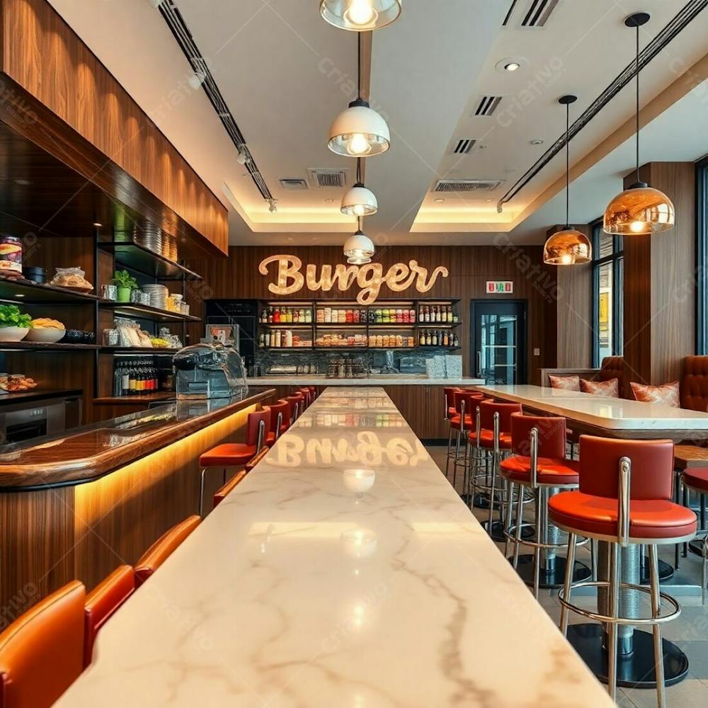 Professional Quality Photograph Of A Stylish Burger Restaurant&#39;S Interior, Showcasing The Diner Counter. The Counter Is Composed Of Polished Wood And Glossy Marble, With Shelves Displaying Colorful