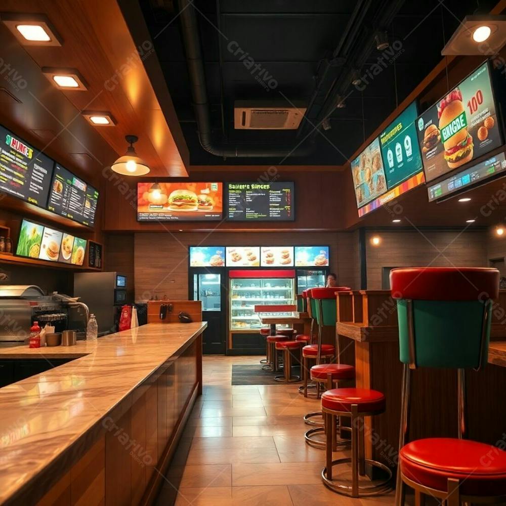 Unusual Fine Art Photograph Warm, Soft, Slightly Dark Lighting, A Modern Burger Restaurant Diner Counter, Polished Wood And Marble, Colorful Ingredient Displays, Dynamic Digital Menu Boards, High Sto