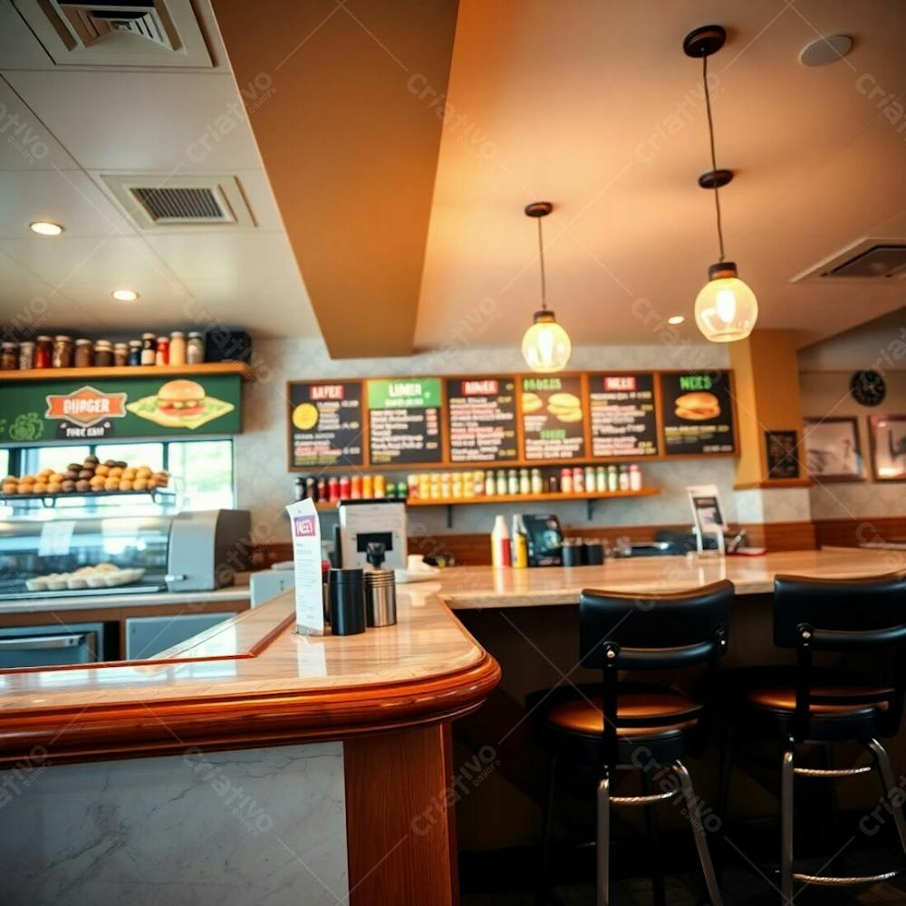 Unusual Fine Art Photograph Warm, Soft Lit Diner Counter In A Modern Burger Restaurant. Polished Wood And Marble Surfaces, Colorful Ingredients And Decorative Jars On Shelves, Vibrant Menu Boards. H