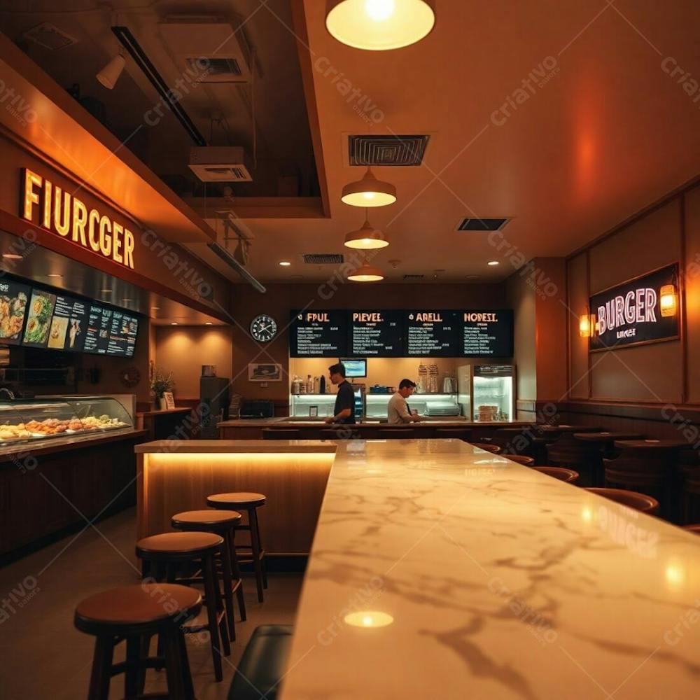 Unusual Fine Art Photograph, Warm And Soft Lighting, Cinematic Haze, Earth Tones Burger Restaurant Interior, Refined Features, Polished Wood And Marble Diner Counter, Colorful Ingredient Displays, Me