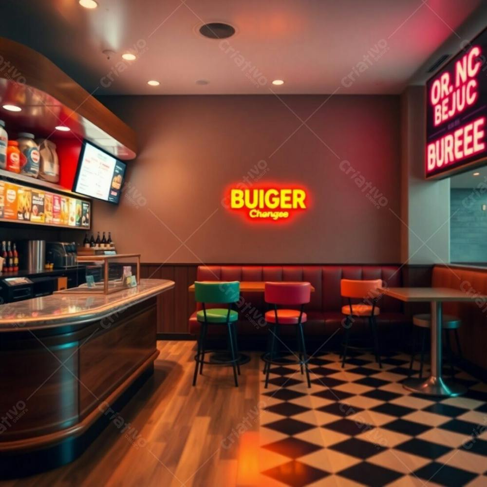 Warm Toned Fine Art Photograph, Soft Focus, Hazy Background, Professional Style, Depicting A Modern Burger Restaurant Elegant Diner Counter With Wood And Marble, Colorful Ingredient Displays, Glowing