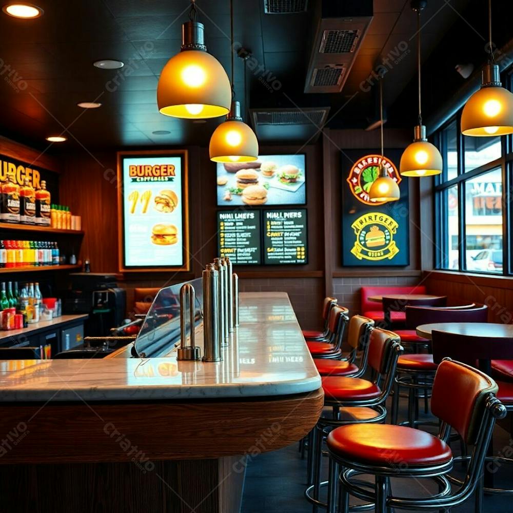 Warm, Slightly Dark Fine Art Photograph A Modern Burger Restaurant Interior, Focusing On The Diner Counter. The Counter Features A Polished Wood Base And A Glossy Marble Countertop. Colorful Ingred