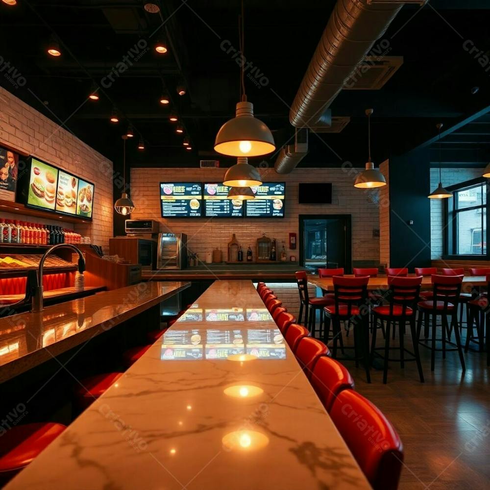 Warm, Slightly Dark Professional Photograph Of A Diner Counter In A Stylish Burger Restaurant. High Stools With Bold Colored Leather, Polished Wood And Marble Counter, Neatly Arranged Shelves With C