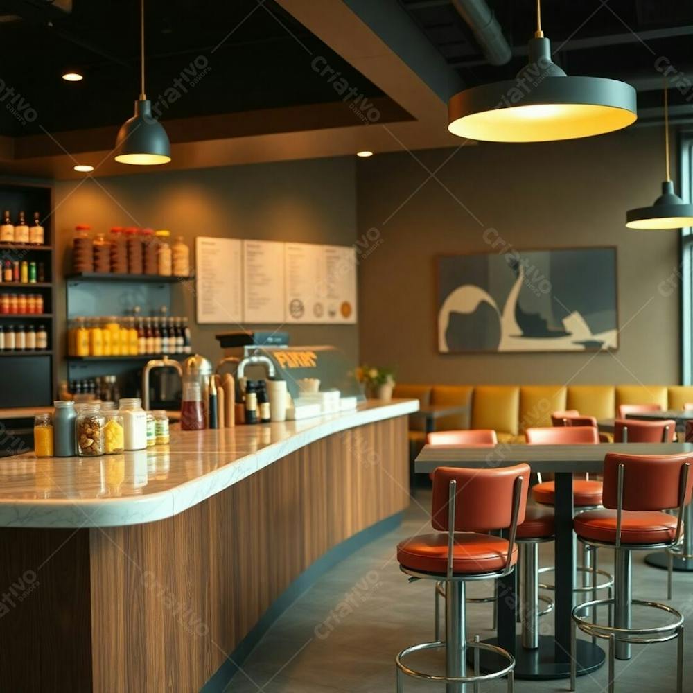 Warm, Slightly Dark, Soft Focus Professional Photograph, Cinematic Haze. A Stylish Modern Burger Restaurant Interior, Showing A Diner Counter With Polished Wood Base And Glossy Marble Top. Colorful