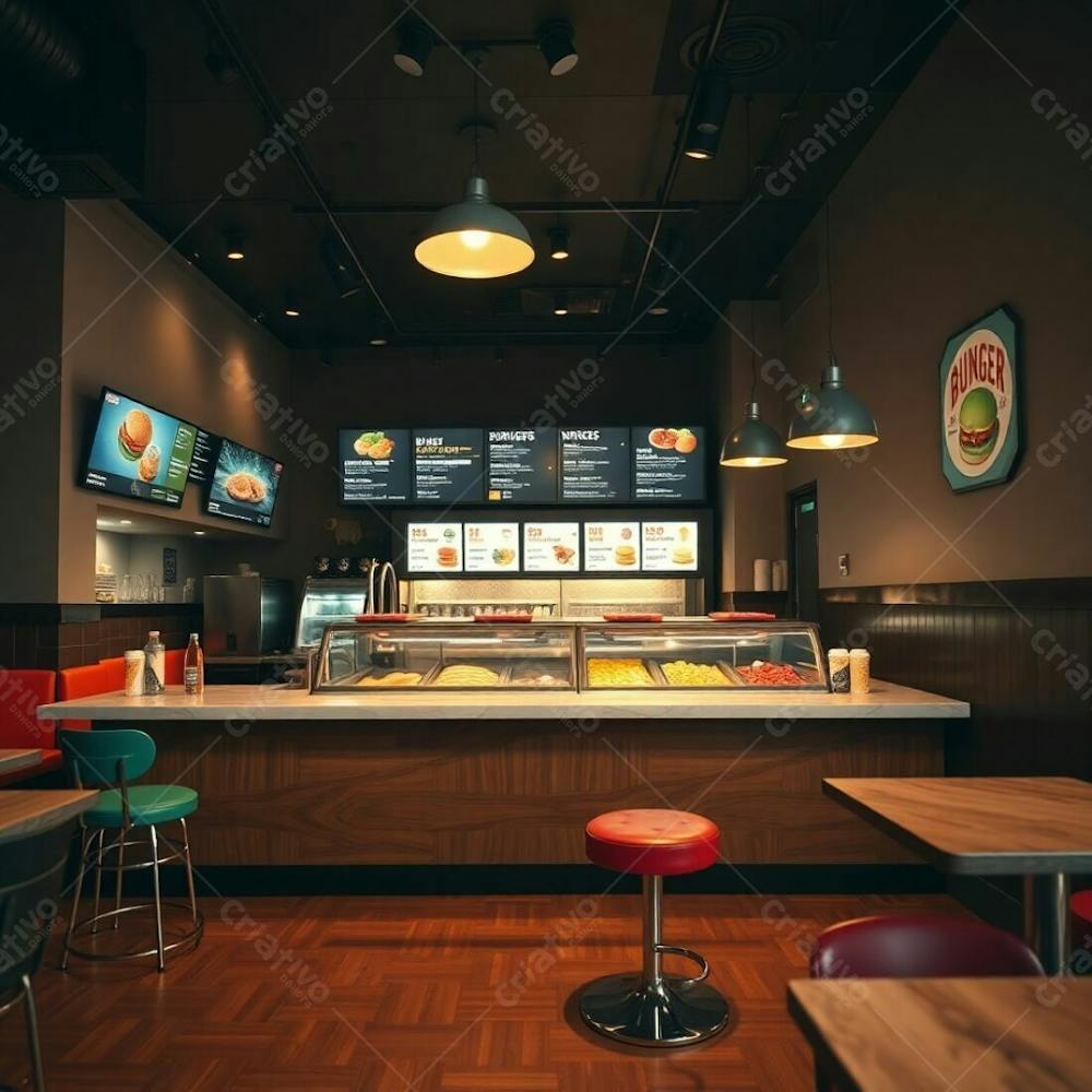 Warm, Soft Professional Photograph, Fine Art Style. Slight Darkness, Soft Cinematic Haze, Natural Earth Tones. Modern Burger Restaurant Diner Counter Polished Wood And Marble. Brightly Colored Ingr