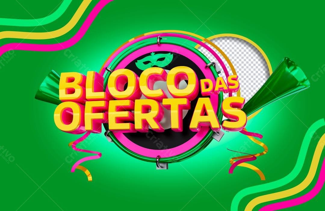 Selo 3D promocional estilo carnaval amarelo e rosa