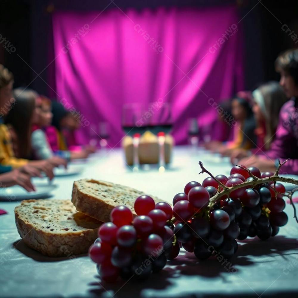 A Cinematic Rendering Of The Last Supper, Portraying Bread, Wine, Grapes, And Thorns. Deep Ultraviolet Lighting Accentuates Vivid Purples And Creates A Dramatic Contrast. Bokeh Effect Softens The Background, Highlighting The