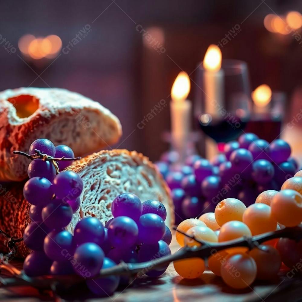 A Close Up Digital Illustration Of A Last Supper Still Life Bread, Wine, Grapes, And Thorns. Ultraviolet Color Scheme, Sharp Focus, Soft Background Bokeh, High Contrast Between Light And Shadow