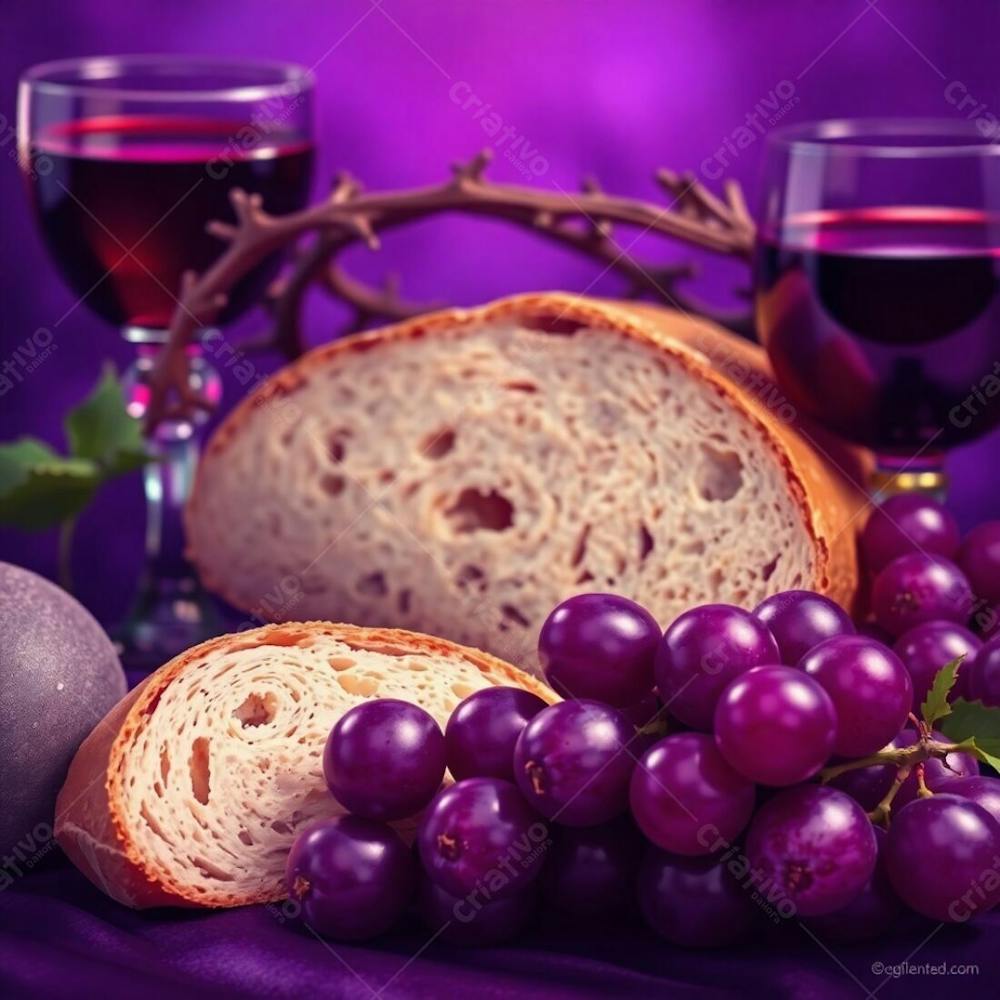 A Close Up Digital Painting Of Bread, A Wine Chalice, Grapes, And A Crown Of Thorns, Symbolic Of The Last Supper. Use Vivid Purples And Deep Ultraviolet Hues, With A Blurred Bokeh Effect To Soften The Background And Emphasiz