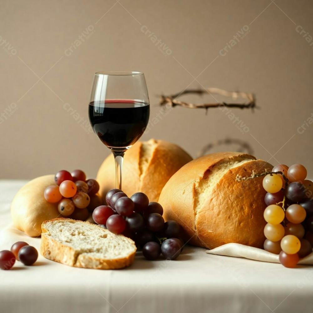 A Close Up Photo Of A Last Supper Still Life Bread, Wine Chalice, Grapes, And A Crown Of Thorns. Earth Tones, Browns, And Beiges Dominate. Elegant And Simple Composition, Highlighting The Refined Shapes